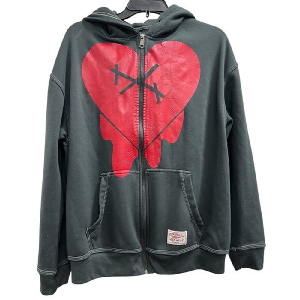 Brooklyn Cloth workwear full zip hoodie  red broken heart graphic thrashed SZ L